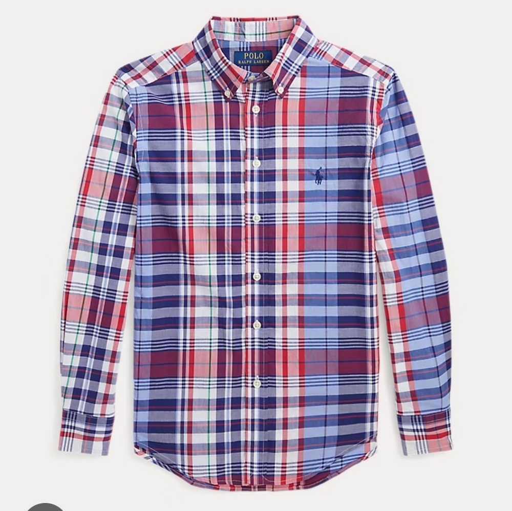 Polo Ralph Lauren Mens Slim Fit Blue Plaid Cotton Button Down Shirt Size Large